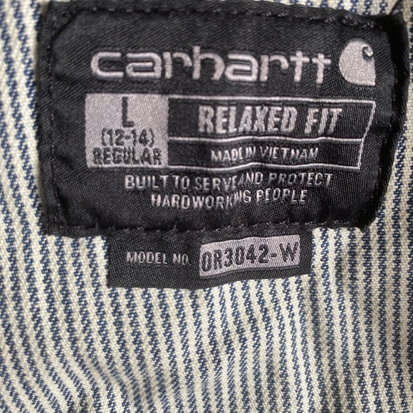 CARHARTT WOMEN'S RELAXED FIT DENIM RAILROAD STRIPE BIB OVERALL - Picture 6 of 6